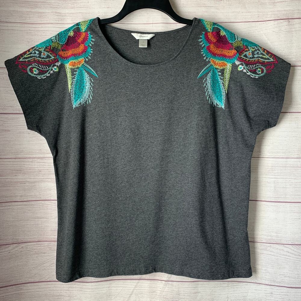 CJ Banks Gray Short Sleeve Top Colorful Paisley Floral Embroidered Shoulders 1X